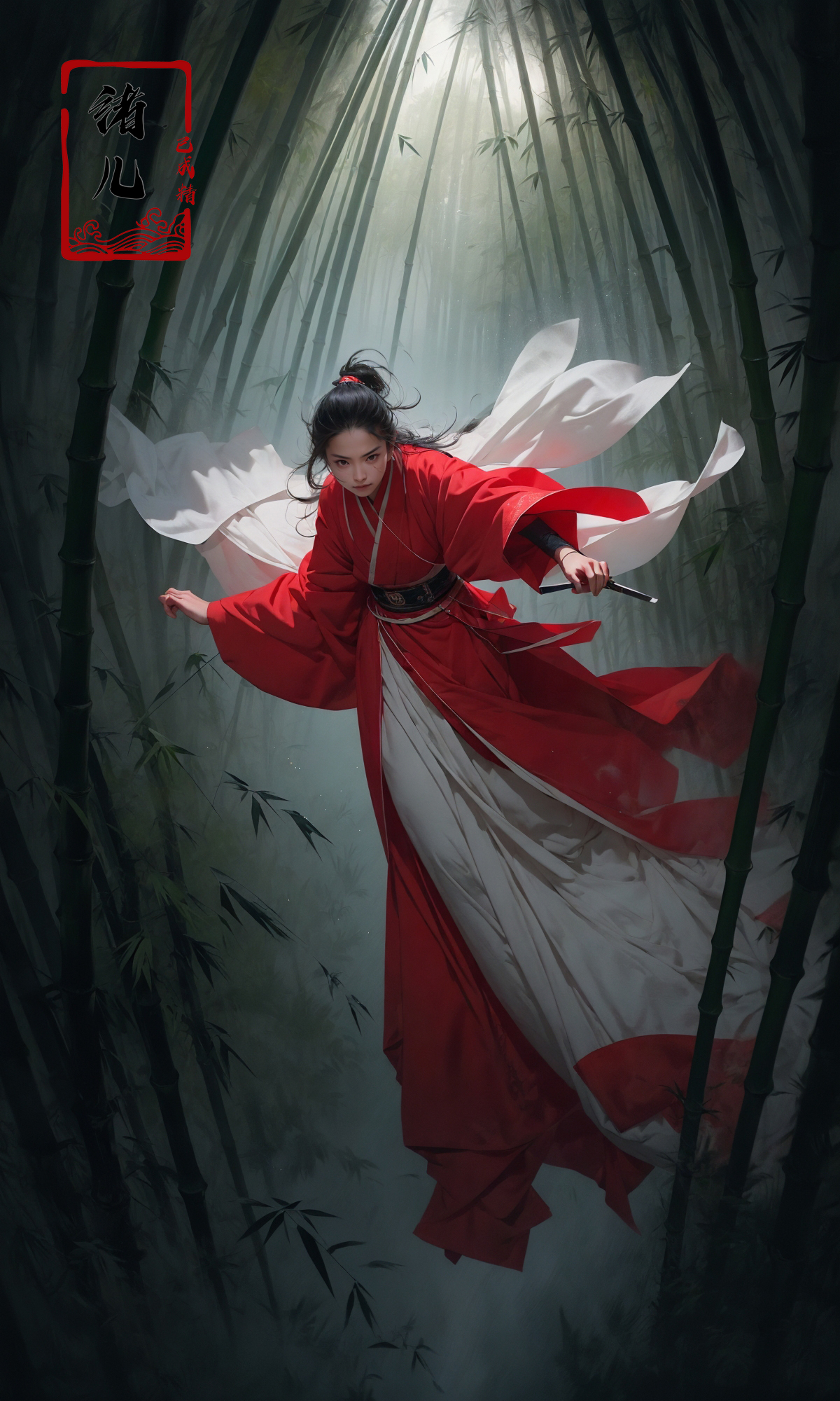 606247209521969091-3314511159-To shoot from above.  ，art by Zao Wou-ki，extreme close - up, focus on face, A woman in red Hanfu, wearing a white transparent ve.jpg